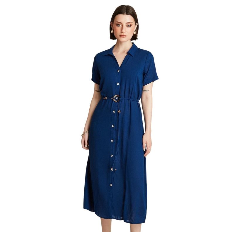 Vestido Midi Azul Manga Corta Cuello Camisero-0