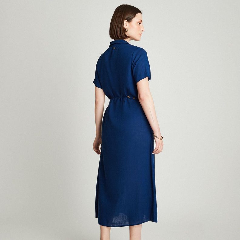 Vestido Midi Azul Manga Corta Cuello Camisero-1