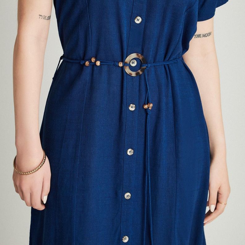 Vestido Midi Azul Manga Corta Cuello Camisero-2