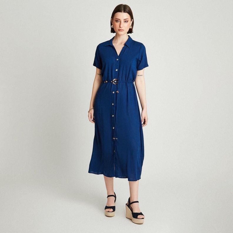 Vestido Midi Azul Manga Corta Cuello Camisero-3