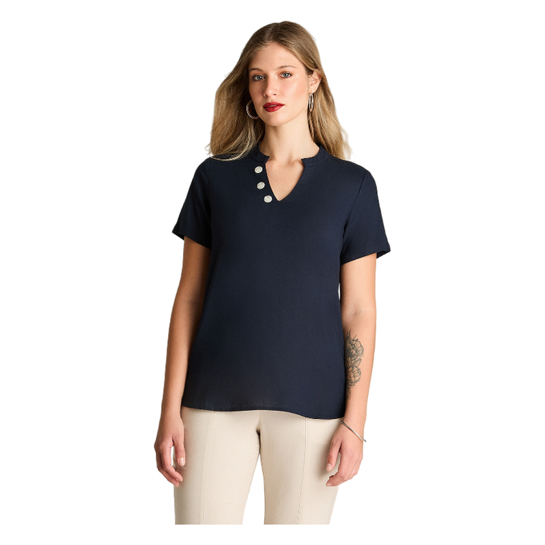 Blusa De Lino Escote Mao Con Botones Manga 3/4 Azul-0