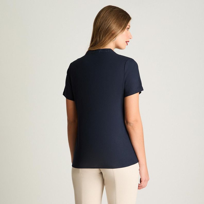 Blusa De Lino Escote Mao Con Botones Manga 3/4 Azul-1