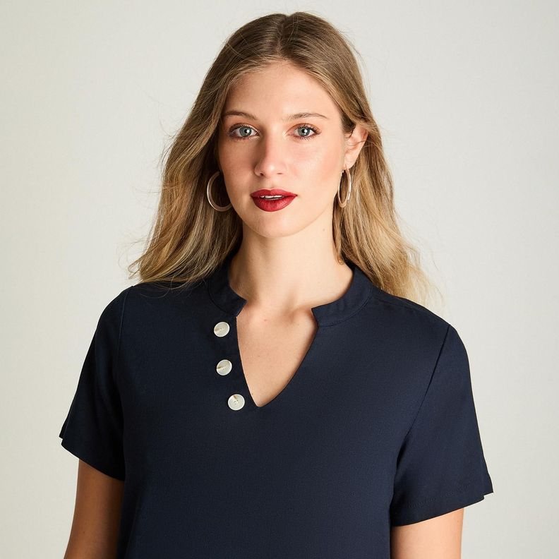 Blusa De Lino Escote Mao Con Botones Manga 3/4 Azul-2