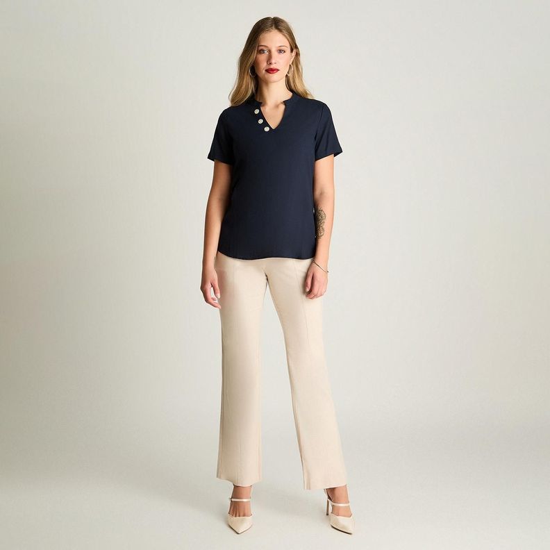 Blusa De Lino Escote Mao Con Botones Manga 3/4 Azul-3