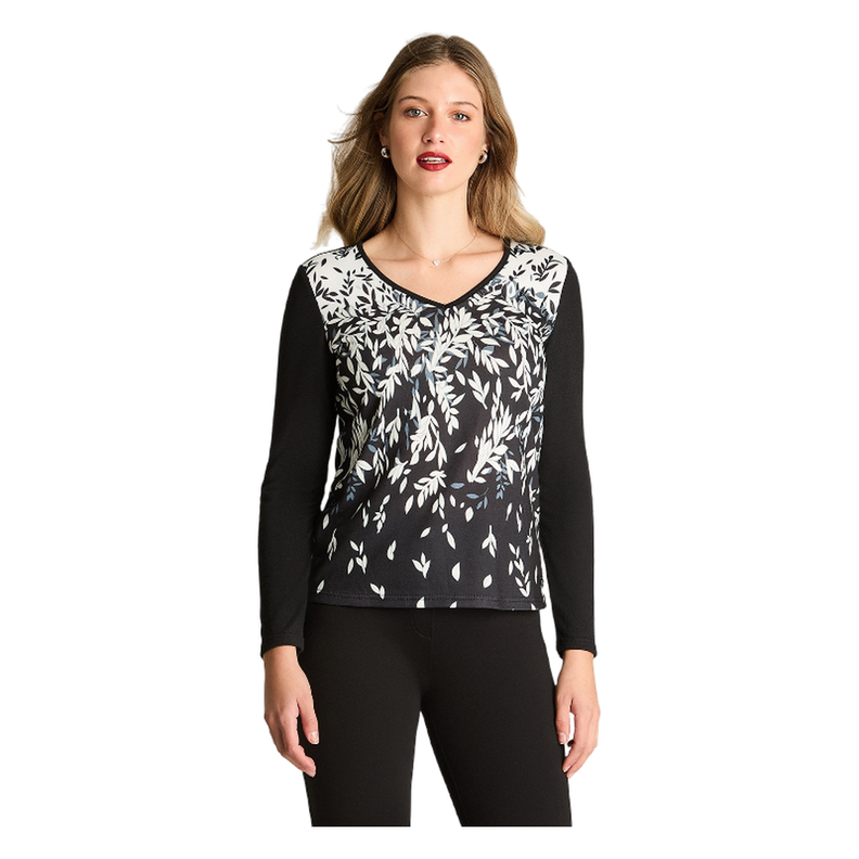 Polera Manga Larga Lanialla Escote V Estampada Negro-0