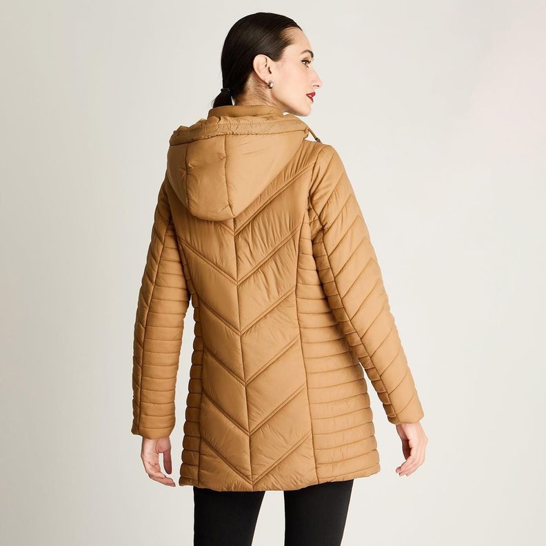 Parka Larga Con Cierre Frontal Y Gorro Camel-0