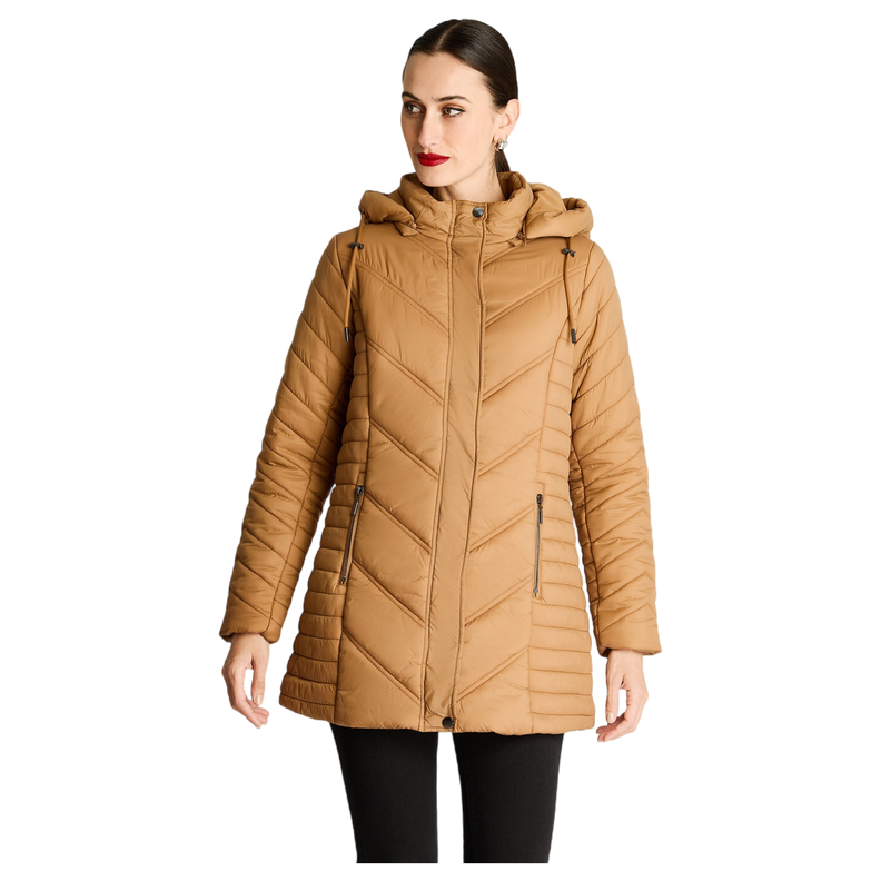 Parka Larga Con Cierre Frontal Y Gorro Camel-4