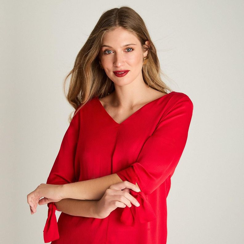 Blusa Escote V Manga 3/4 Con Amarra Rojo-2