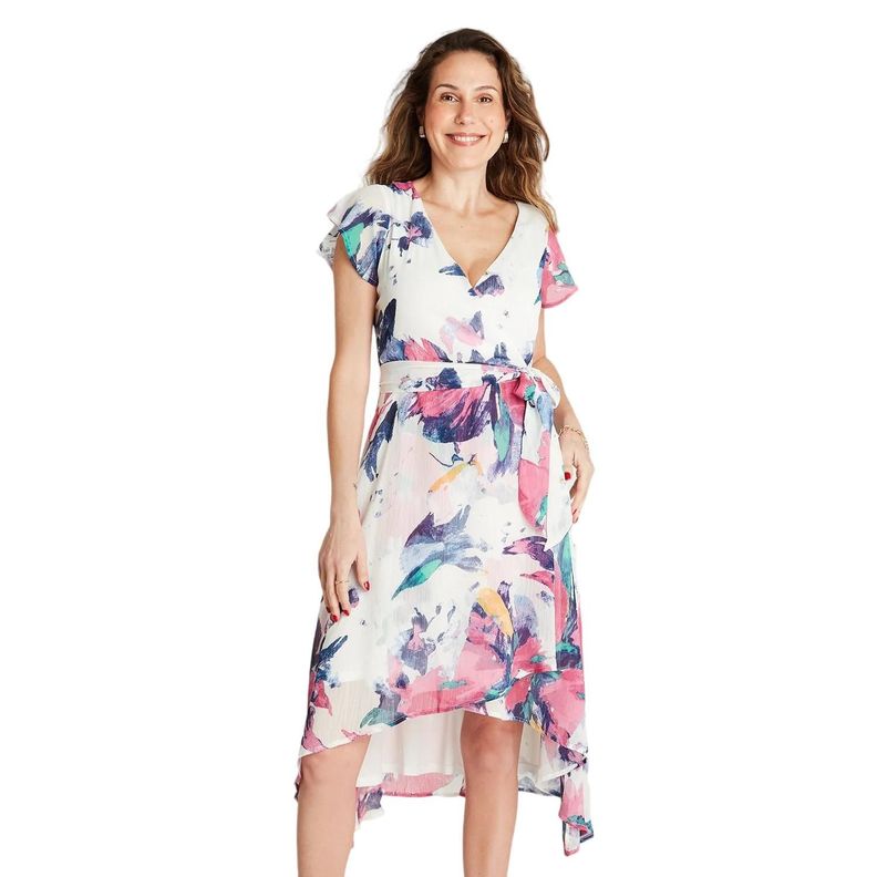 Vestido Midi Morado Manga Corta Estampado Cuello V-0
