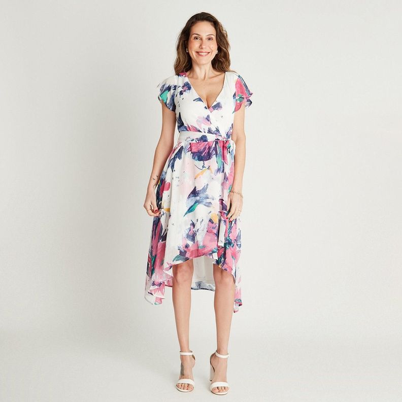 Vestido Midi Morado Manga Corta Estampado Cuello V-3