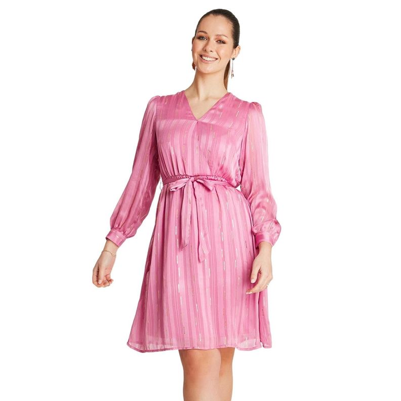 Vestido Midi Rosado Manga Larga Cuello V-0