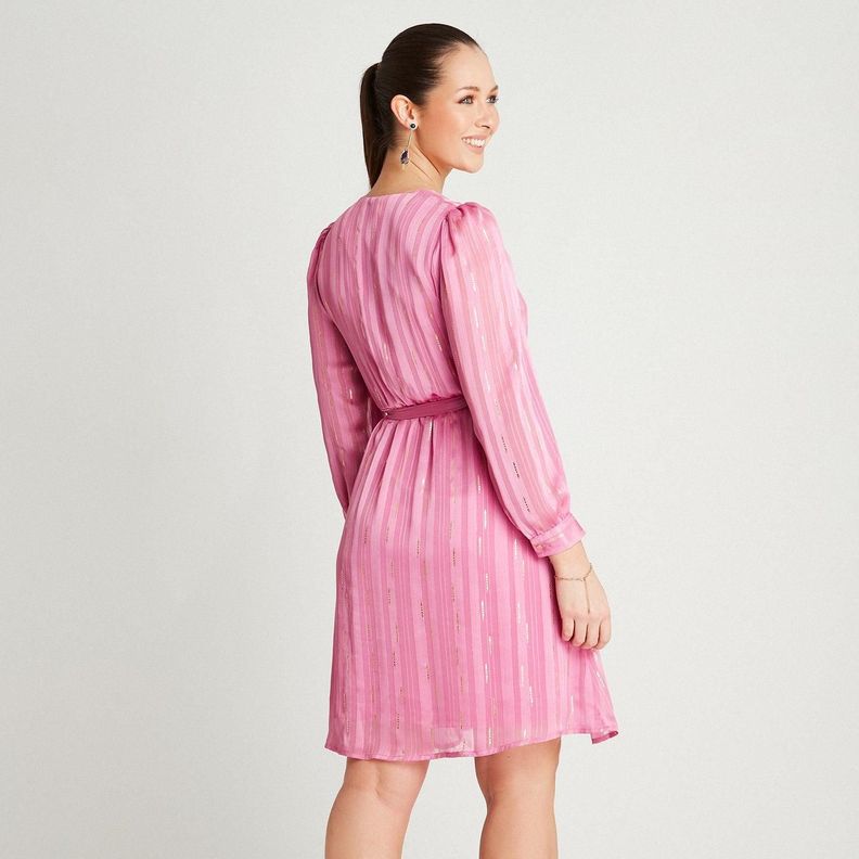 Vestido Midi Rosado Manga Larga Cuello V-1