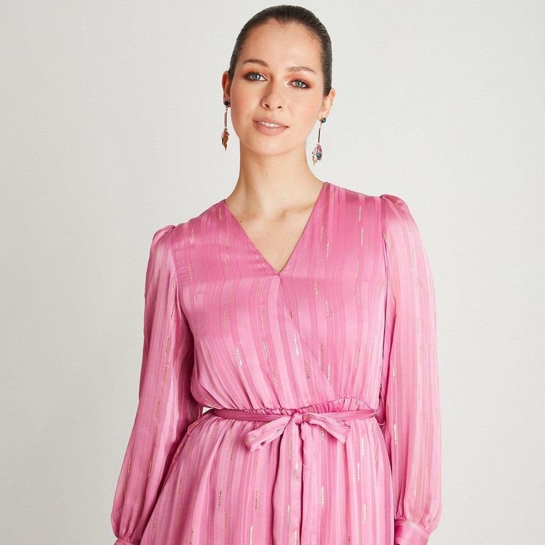 Vestido Midi Rosado Manga Larga Cuello V-2