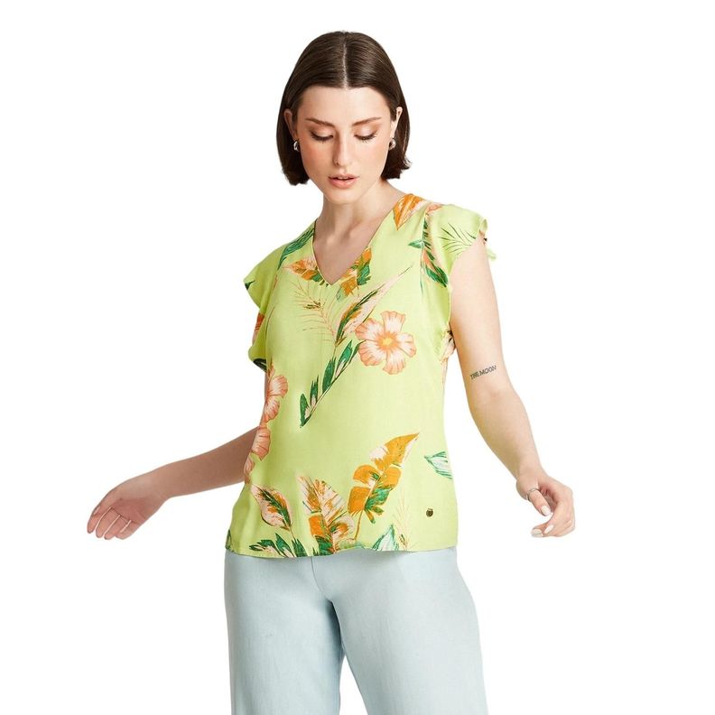 Blusa Pistacho Manga Corta Estampado Cuello V-0
