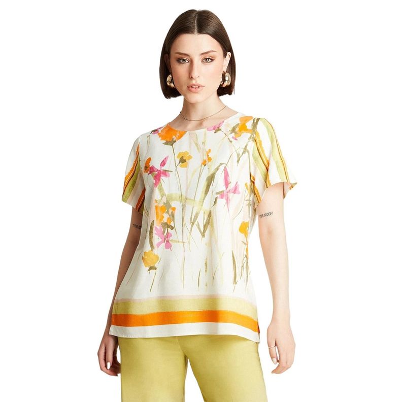 Blusa Blanco Manga Corta Estampado Cuello Redondo-0