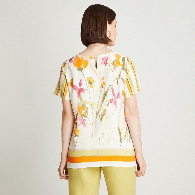 Blusa Blanco Manga Corta Estampado Cuello Redondo-1