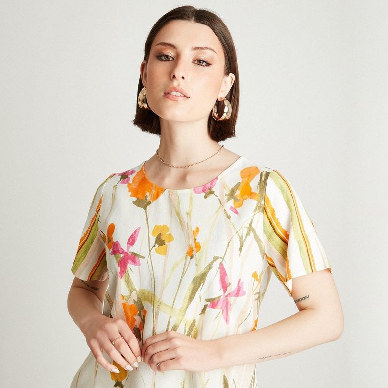 Blusa Blanco Manga Corta Estampado Cuello Redondo-2