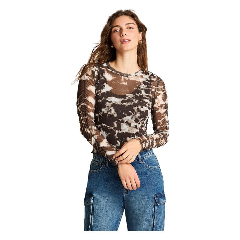 Polera Manga Larga Mesh Estampada Café-0