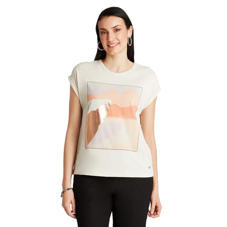 Polera Beige Manga Corta Estampado-0