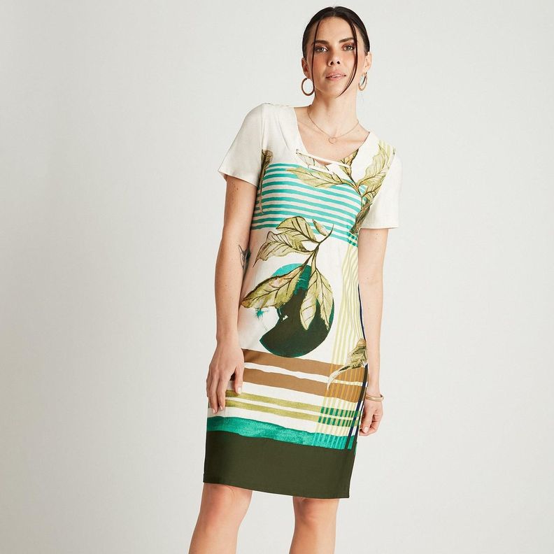 Vestido Midi Verde Manga Corta Estampado Cuello V-0