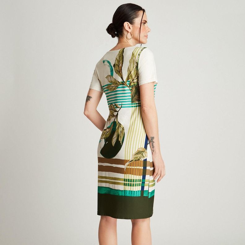 Vestido Midi Verde Manga Corta Estampado Cuello V-1