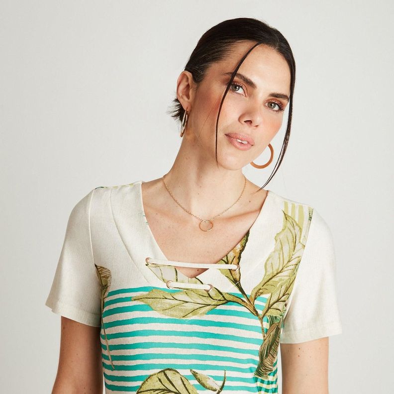 Vestido Midi Verde Manga Corta Estampado Cuello V-2