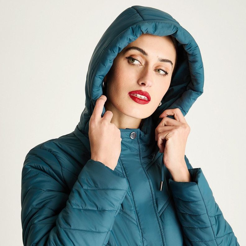 Parka Larga Con Cierre Frontal Y Gorro Petróleo-1
