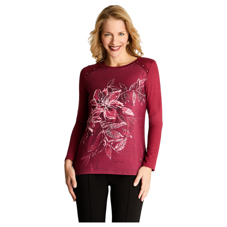 Polera Manga Larga Lanilla Escote Redondo Estampada Con Tachas Burdeo-4