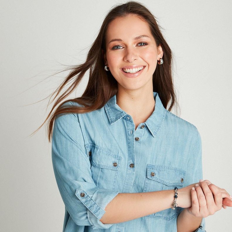 Blusón Celeste Lyocell Denim Manga Roll Up-2