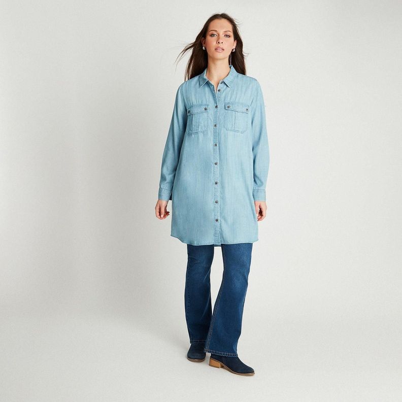 Blusón Celeste Lyocell Denim Manga Roll Up-3