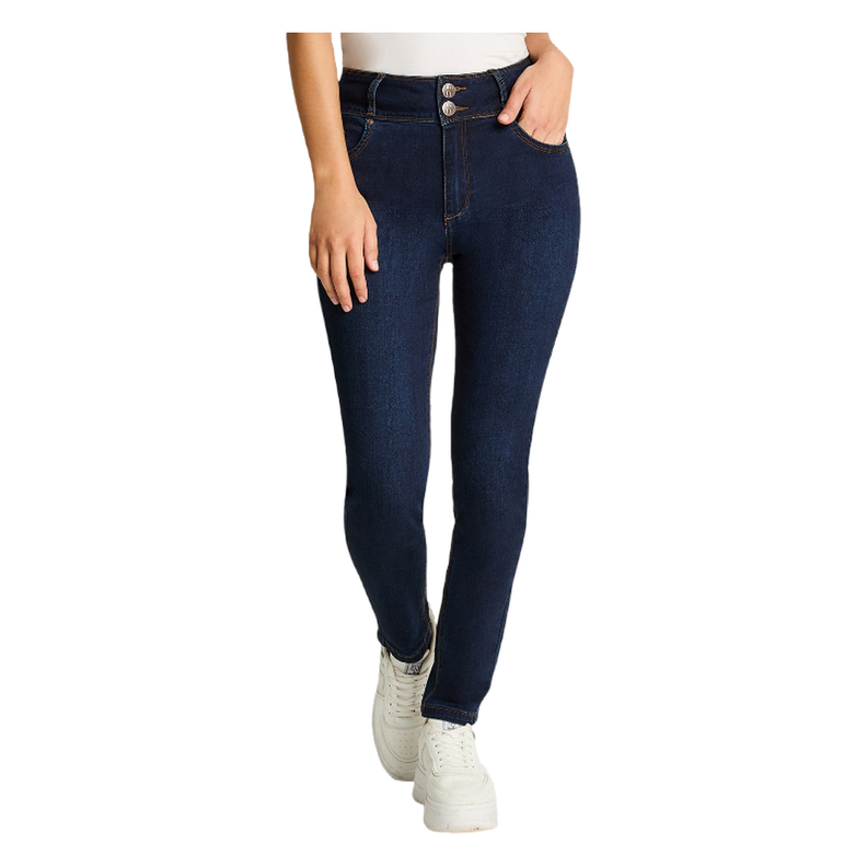 Jeans Slim 5 Bolsillos Pretina Dos Botones Push Up Azul Marino-0