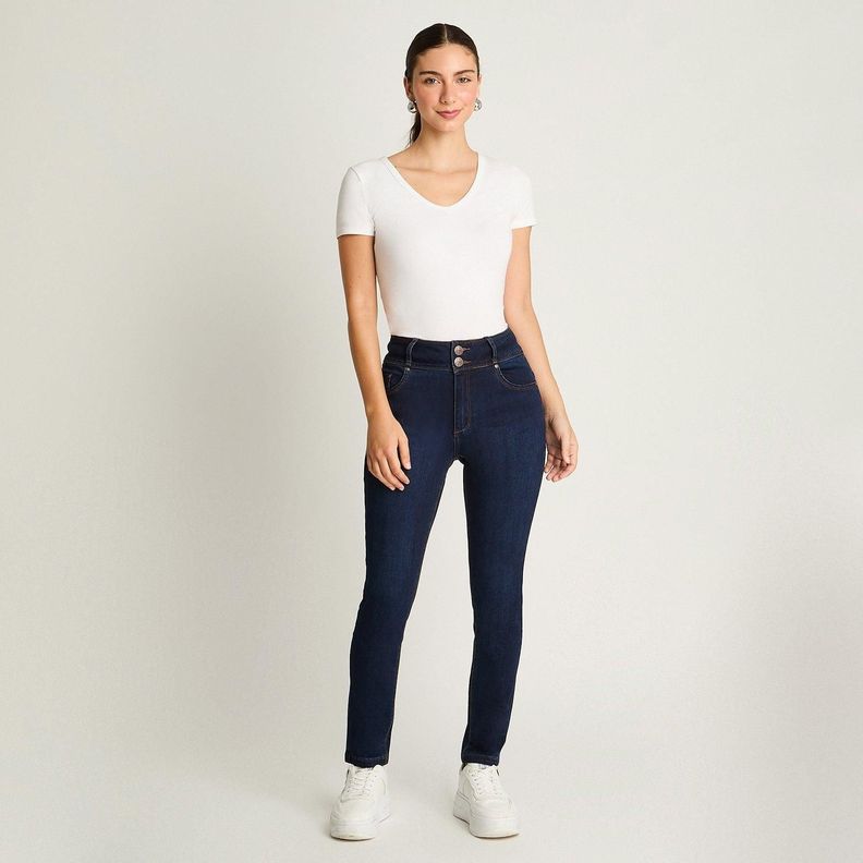 Jeans Slim 5 Bolsillos Pretina Dos Botones Push Up Azul Marino-3