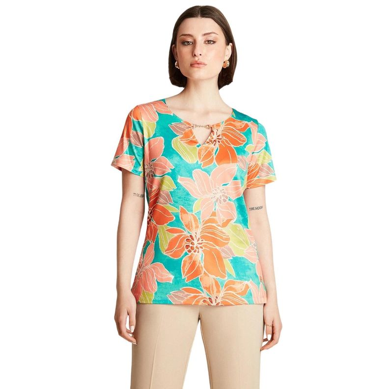 Polera Manga Corta Estampado Floral Verde-0