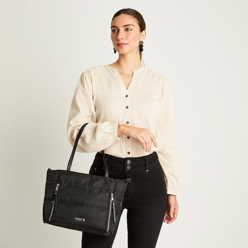 Cartera Shop Bag De Tela Con Cierres Negro-3
