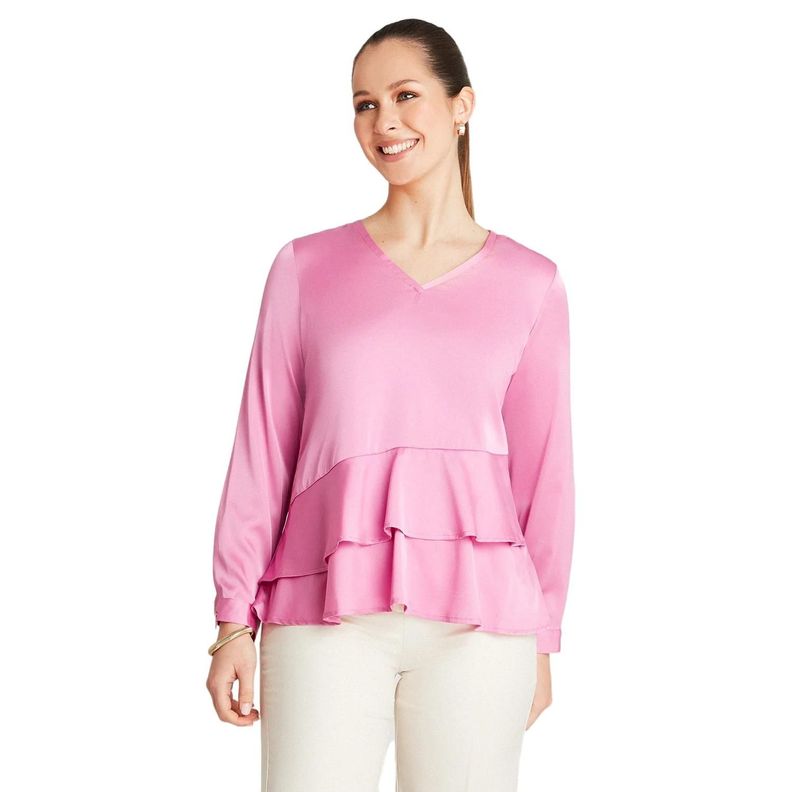 Blusa Rosado Manga Larga Cuello V-0