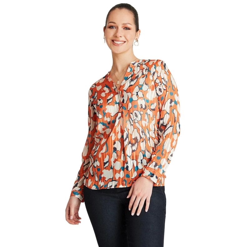 Blusa Naranjo Estampado Cuello Mao-0