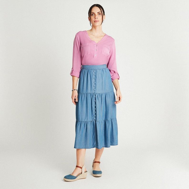 Falda Azul Medio Midi Acampanada-1