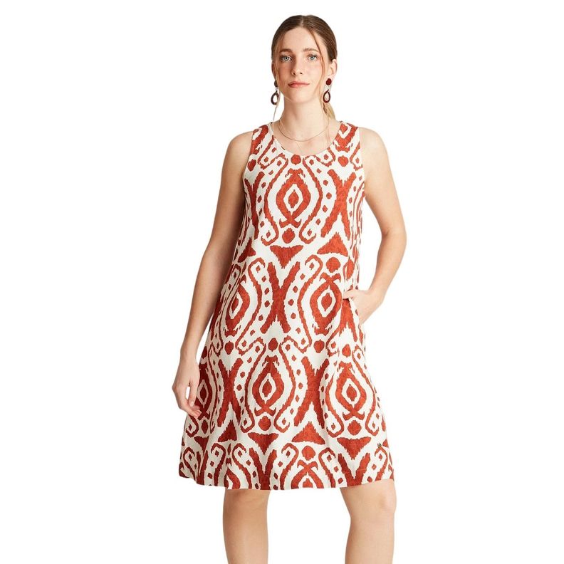 Vestido Midi Terracota Sin Manga Estampado Cuello Redondo-0