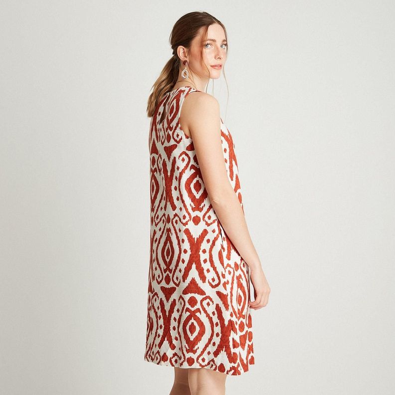 Vestido Midi Terracota Sin Manga Estampado Cuello Redondo-1