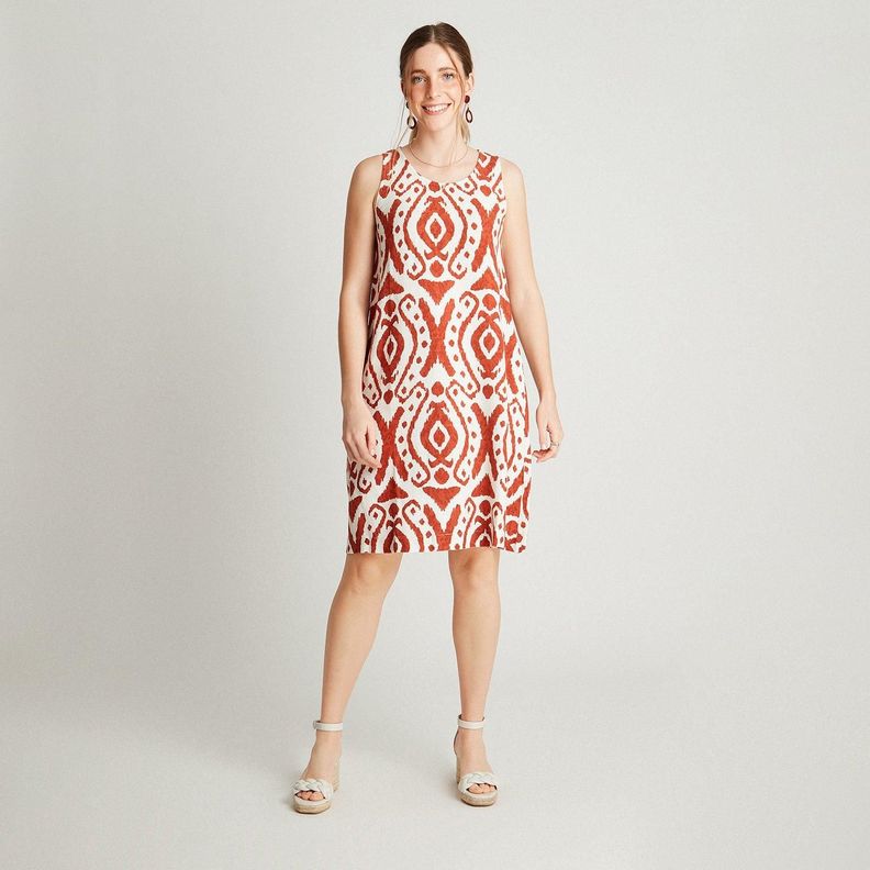Vestido Midi Terracota Sin Manga Estampado Cuello Redondo-3