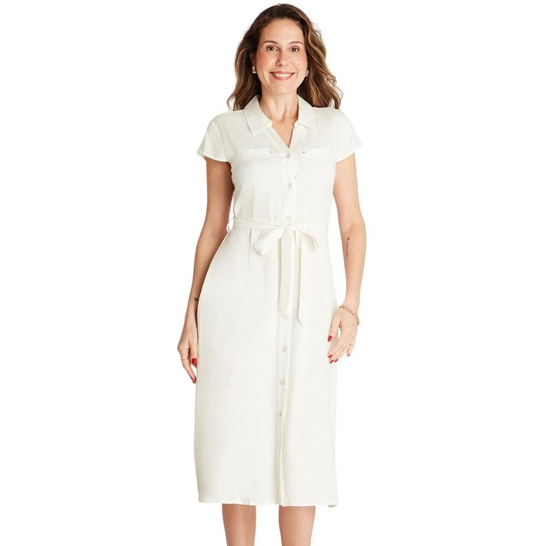 Vestido Maxi Lino Crudo Manga Corta Estampado Cuello Camisero-0