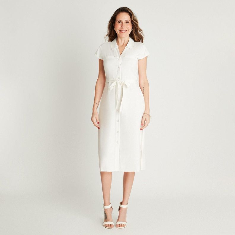 Vestido Maxi Lino Crudo Manga Corta Estampado Cuello Camisero-3