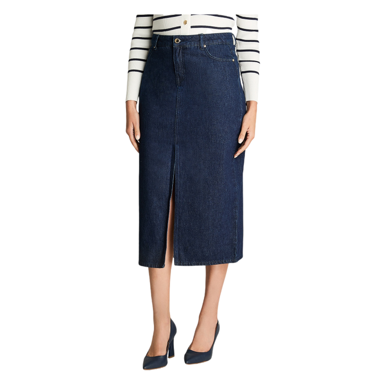 Falda De Denim Midi Con Corte En El Frente Azul-0