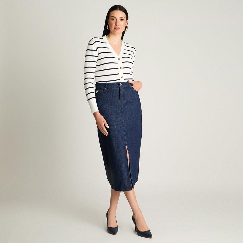 Falda De Denim Midi Con Corte En El Frente Azul-3