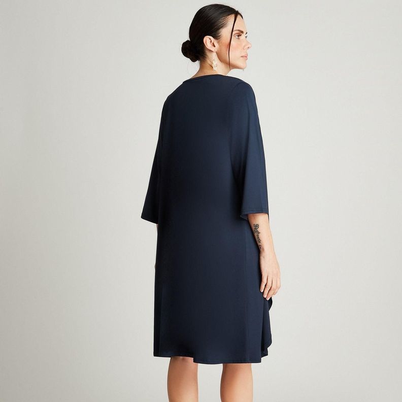 Vestido Midi Azul Manga 3/4 Cuello Redondo Con Tapadito-1