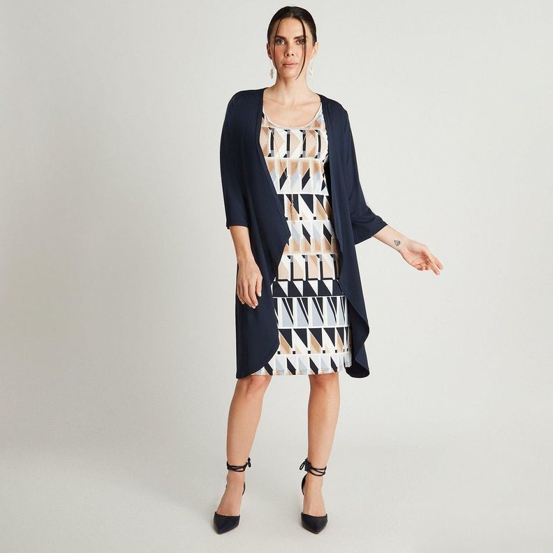 Vestido Midi Azul Manga 3/4 Cuello Redondo Con Tapadito-3