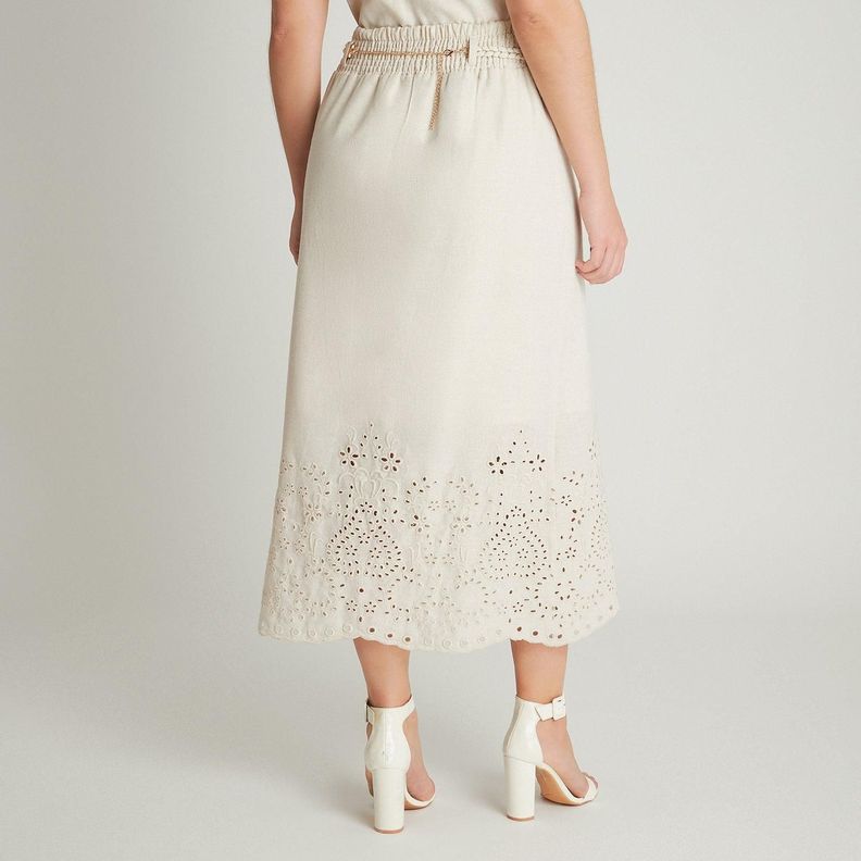 Falda Beige Larga Detalle Broderie y Cinturón-1