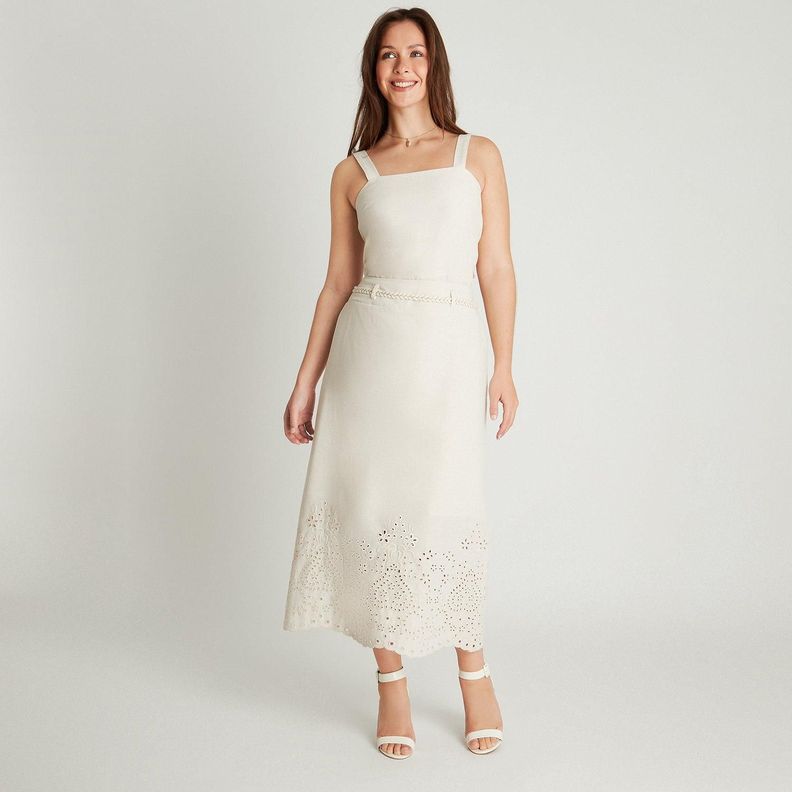 Falda Beige Larga Detalle Broderie y Cinturón-3