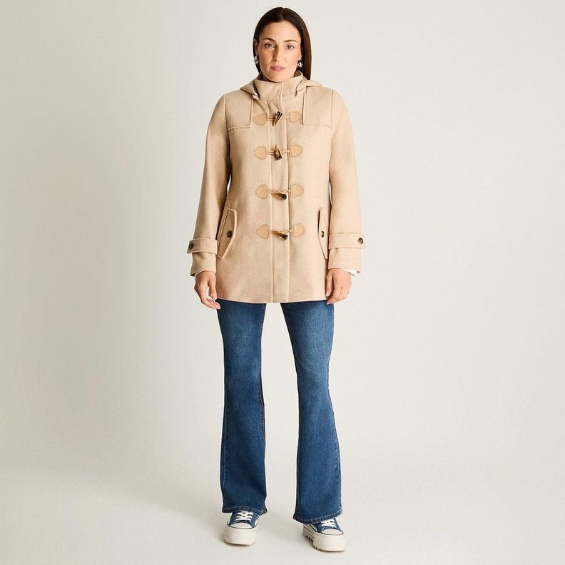 Abrigo Con Alamares Efecto Gamuza Y Gorro Manga Larga Beige-2