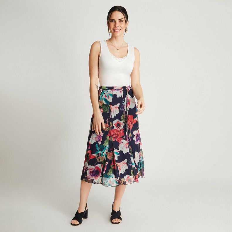 Falda Azul Larga Estampado Acampanada-3